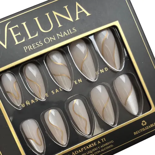 Uñas Postizas Press On Veluna Reutilizables Diseños Variados – Nude Gold Wave