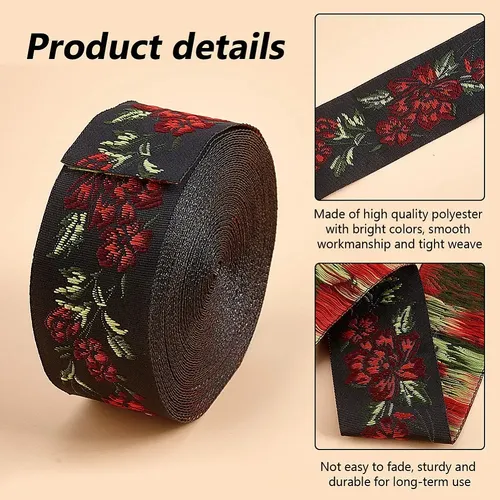 Cinta De Flores Jacquard De Poliéster De Estilo Étnico Plano Black Background With Red Flowers And Green Leaves Floral Jacquard