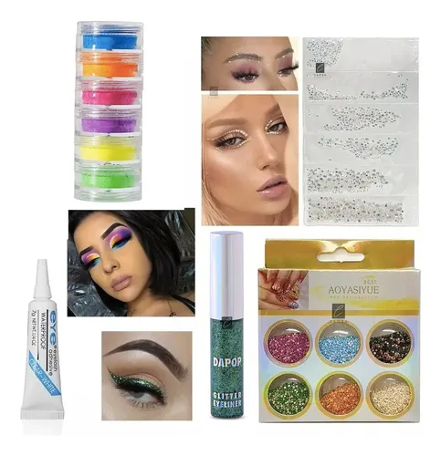 Combo Maquillaje Sombras Fluor Glitter Strass Delineador