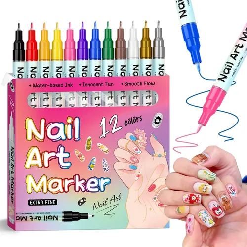 12 Colors Nail Art Pens Set, Water-based Markers, Quick Dry