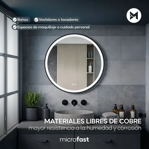 Espejo Redondo con Luz LED para Baño de 60 cm, Anti-Fog y Marco Negro