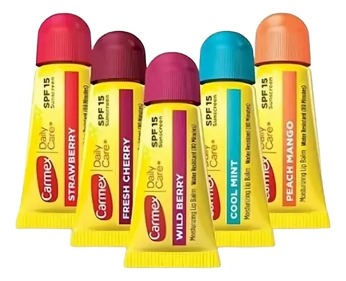 Carmex Bálsamo Labial Mini Pack 5 Sabores (Cereza, Mora Salvaje, Fresa, Menta Fresca, Mango-Durazno) | Hidratante con Protección Solar SPF 15, Suaviza y Hidrata Labios Secos y Agrietados