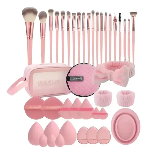 Set 42 Brochas Y Esponjas De Maquillaje Con Bolso Rosa