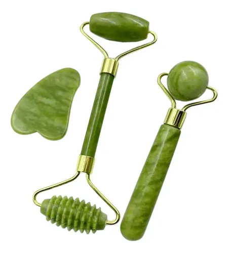 Set De Rodillo De Jade Y Piedra Gua Sha