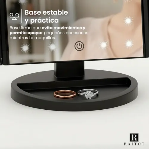 Espejo Aumento Luz Maquillaje Giratorio Tactil Touch De Mesa Marco Negro Raitot