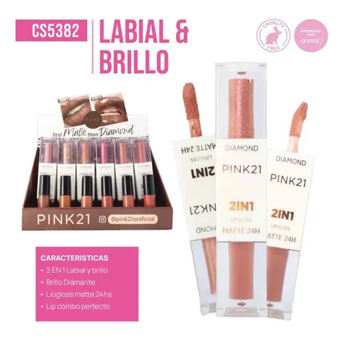 Labial Dúo 2 En 1 Pink 21 Diamond Matte Brillo Gloss
