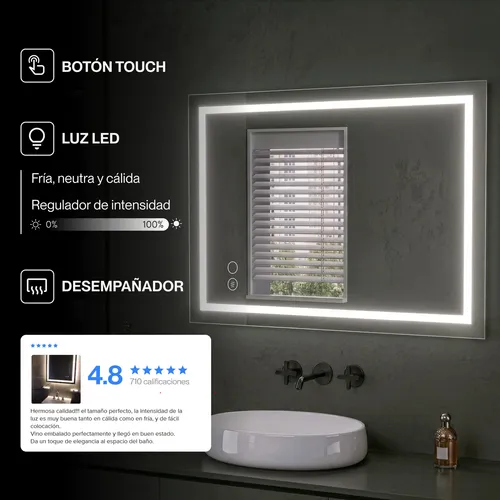 Espejo Digital Luz Led Táctil Desempañador Baño Rectangular