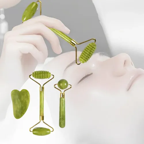 Set 3 Piezas Masaje Jade Rodillo Y Gua Sha Facial