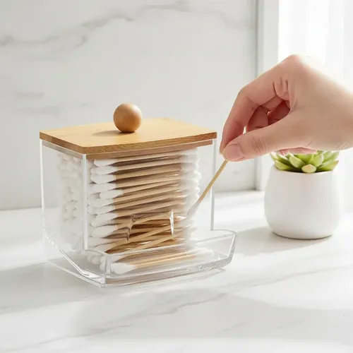 Organizador Cosméticos Maquillaje Acrílico Tapa Bambú 7x8cm