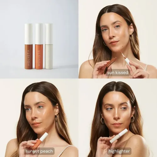 Holista Skincare Makeup Trío (bronzer Rubor Iluminador) Tono del maquillaje Sunset Peach – Sun Kissed – Gold