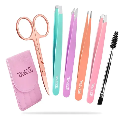 Set 6 Pinzas Curvas Para Cejas Y Vello Con Estuche Cuero