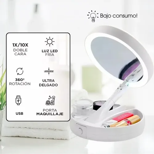 Espejo Aumento Facial Maquillaje Regulable Lucesled Compacto