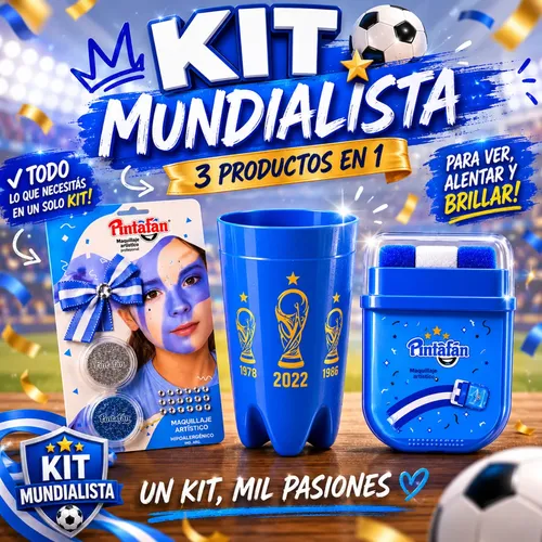 Kit Maquillaje Glitter Argentina Mundial Moño Stickers Vaso