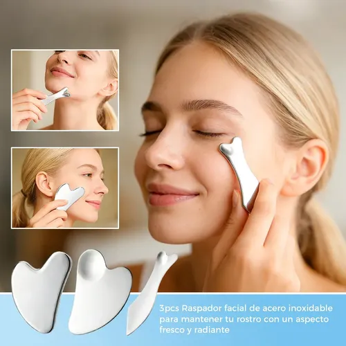 Kit 3 Piezas Guasha Facial Acero Inoxidable Masajes H