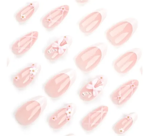 – Uñas Postizas Florales Adornadas Con Un Moño Rosa. =