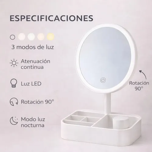 Espejo Maquillaje Luz Led Touch Usb- C Regulable Aro