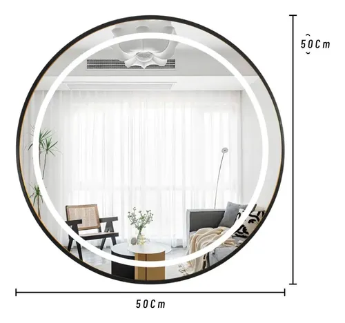 Espejo Redondo 50 Cm Circular Luz Led Marco De Aluminio Marco Negro