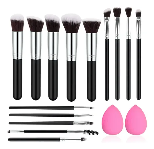 Set De 16 Brochas Y Esponjas De Maquillaje Fáciles De Aplica Negro
