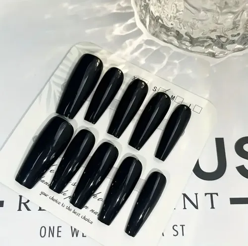 Uñas Postizas Press On Autoadhesiva Set Completo Negro Larga