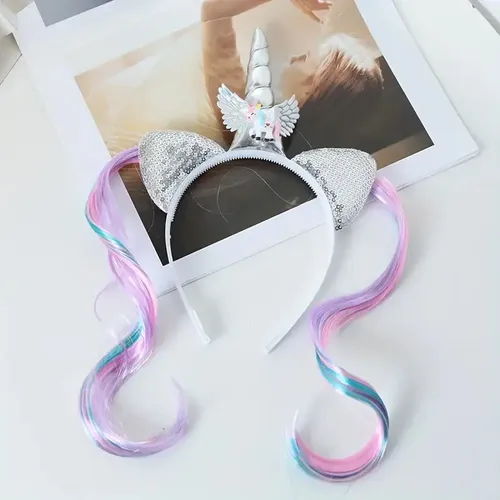 Vincha Unicornio Con Pelo Multicolor Y Orejitas Niña