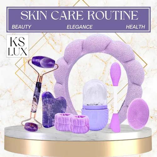 Kit Cuidado Facial Ks Lux 7 Piezas Rodillo Gua Sha Morado