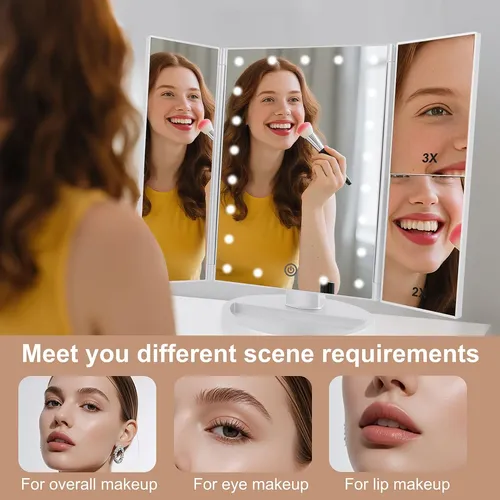 Espejo Para Maquillaje Triptico Con Aumento Y Luz Led Blanco