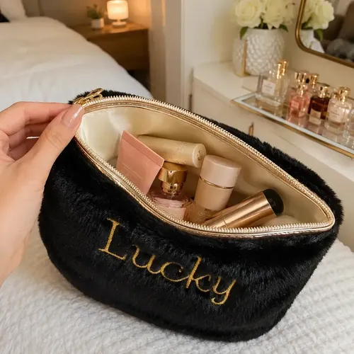 Neceser Porta Maquillaje Estilo Soft Plush Negro Organizador Maquillaje Cosméticos Accesorios Objetos Personales Viajes