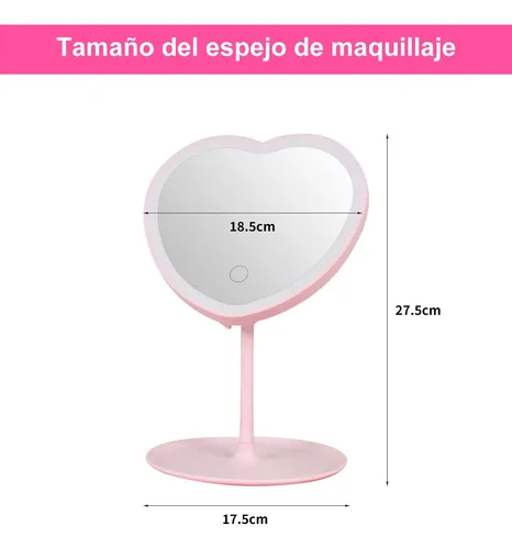 Espejo Maquillaje Led Corazón Rosa Con Bandeja Recargable
