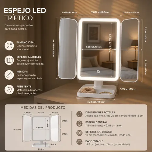 Maquillaje Espejo Recargable Led 3 Modos De Aumento 1x 2x 3x