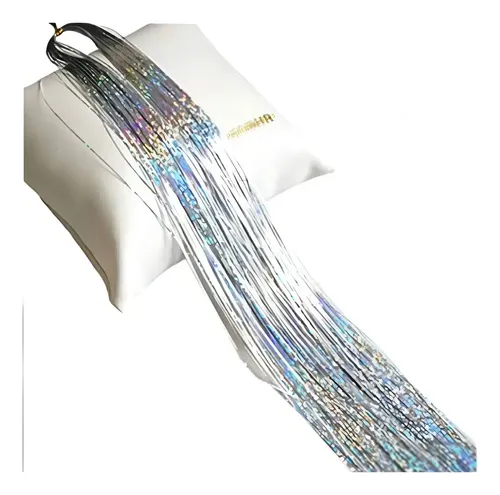 Hilos De Oropel Metalicos Para Cabello Extension Holografica Color Plateado