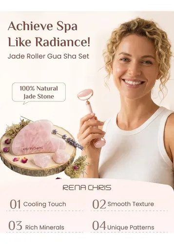 Set Masajeador Facial Rena Chris Rodillo Y Gua Sha Rosa