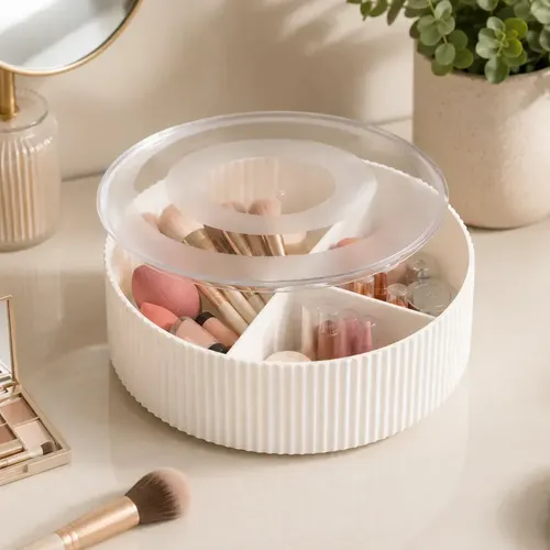 Organizador Maquillaje 3 Divisiones Diseño Rayado Con Tapa Organización Brochas Labiales Blanco Craco