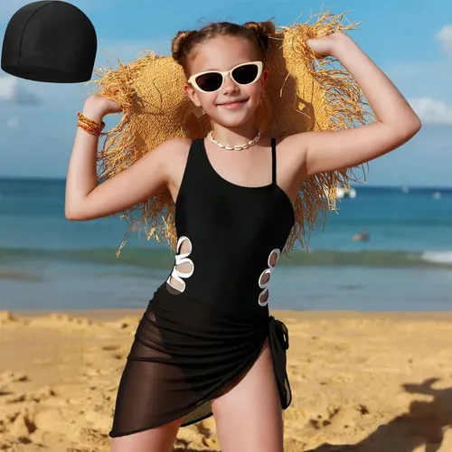 Traje De Baño De Una Pieza Niña Negro Con Falda Y Gorro9-14y