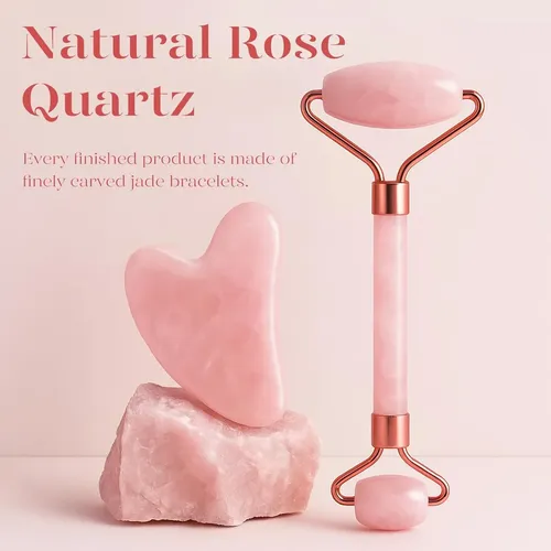 Set Rodillo Y Gua Sha Cuarzo Rosa Para Rostro Y Cuerpo