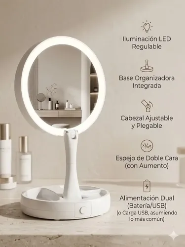 Espejo Led Maquillaje Organizador Con Aumento