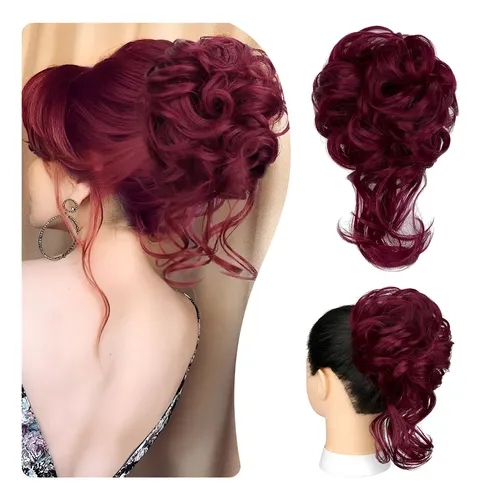 Coleta Postiza Cabello Ondulado Desordenado Vino Rojo A