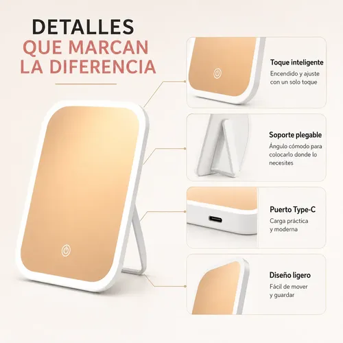 Espejo Maquillaje Led Recargable 23cm 3 Tonos Luz