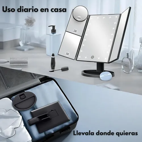 Espejo Tríptico LED para Maquillaje Norcel, Portátil con Aumentos y Luz Regulable Táctil