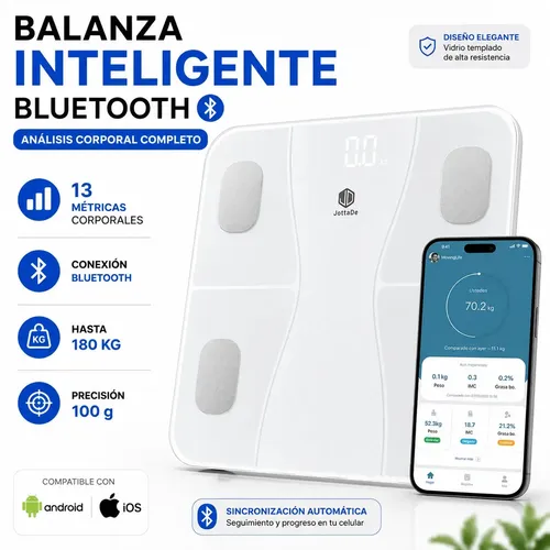 Balanza Digital Bluetooth Personal De Baño 180 Kg Bioimpedancia 4 electrodos Vidrio Medidor de Grasa Corporal y Masa Muscular Color Blanco