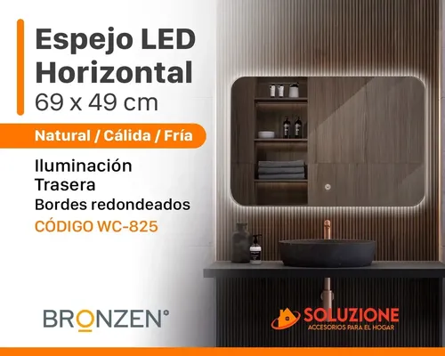 Espejo Horizontal Borde Curvo Luz Led Trasera 70×50