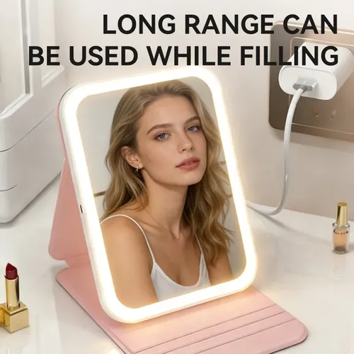 Espejo De Maquillaje Con Estuche De Cuero Y Luz