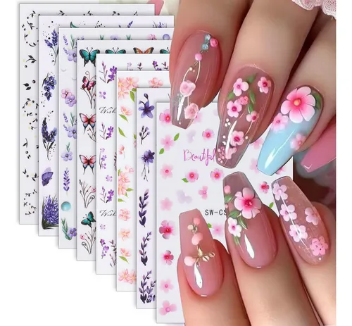 Pegatinas De Uñas Wenewfine 3d Con Forma De Flor Rosa Y Púrp