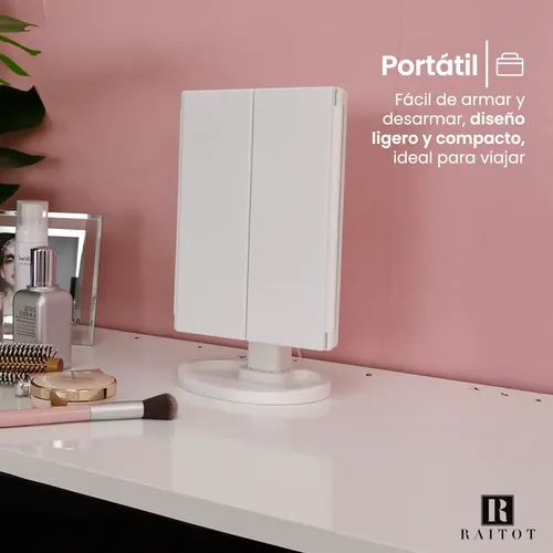 Espejo Aumento Luz Maquillaje Giratorio Tactil Touch Mesa Marco Blanco