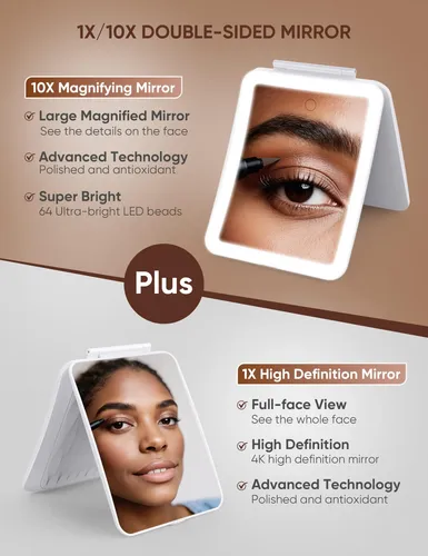 Espejo De Maquillaje Klarh Con Aumento 1x/10x, 3 Luces Y Bat