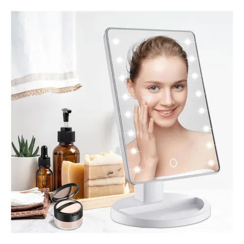 Espejo Con Luz Fria 16 Led Maquillaje De Pie Tactil Usb Pila Blanco