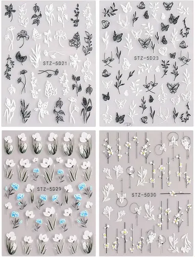 Pegatinas De Uñas De Arte Floral Grabadas En 3d, 5d, 4 Hojas