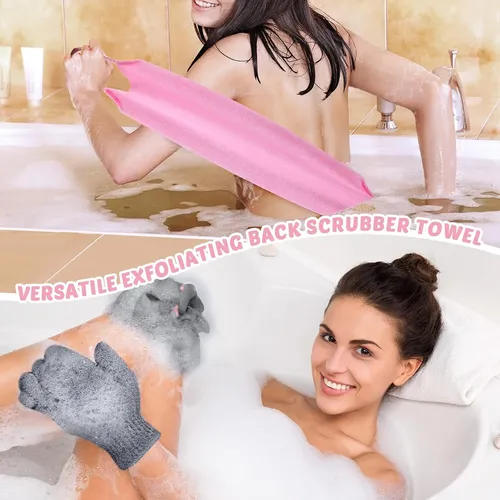 Set 4 Exfoliantes Baño Rosa Y Gris Con Guantes Ducha