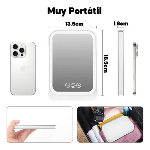 Espejo Cosmético Portátil, Plegable, Recargable Por Usb, Blanco