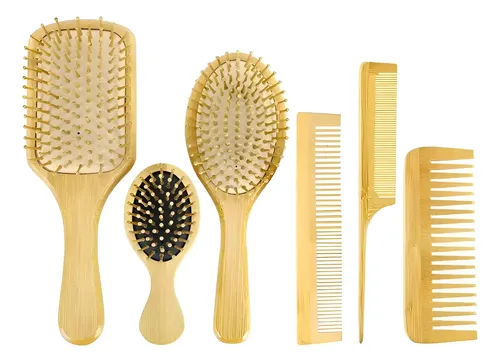 Kit De Cepillo Y Peine De Bambú Anti Frizz, 6 Piezas.