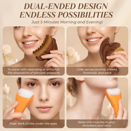 Kit Masajeador Facial 3 En 1 Gua Sha Cepillo Rodillo Jade